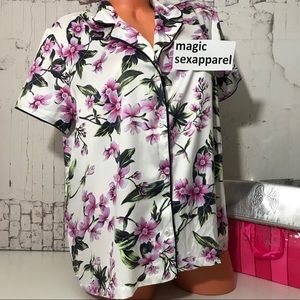 VS L XL SATIN PAJAMAS TOP FLORAL SATIN TRIM BUTTON
